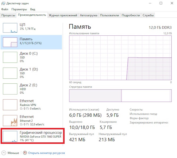температура видеокарты в диспетчере задач