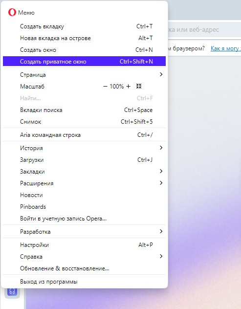 режим инкогнито в опера на ПК